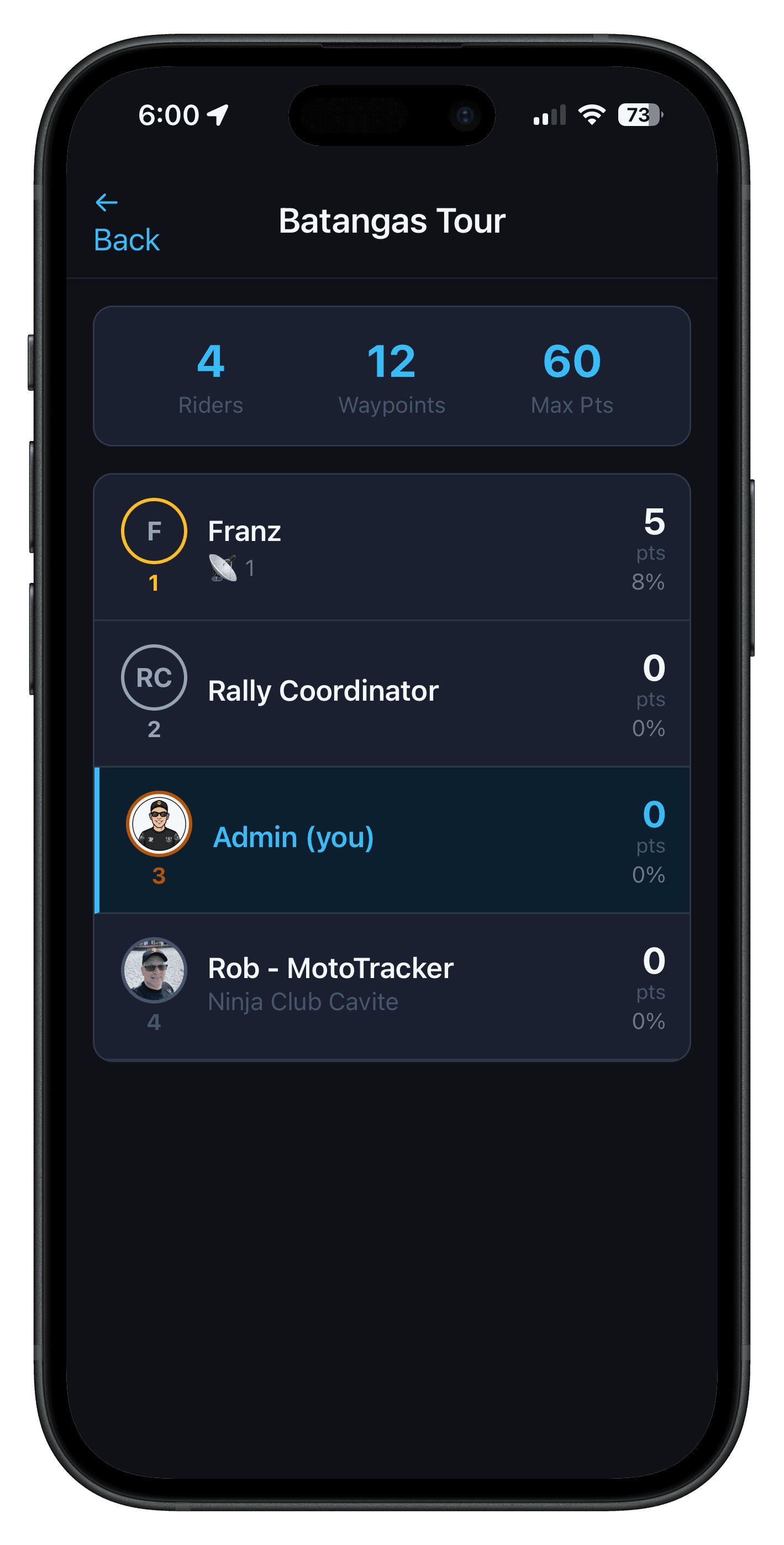 MotoTracker app — live leaderboard