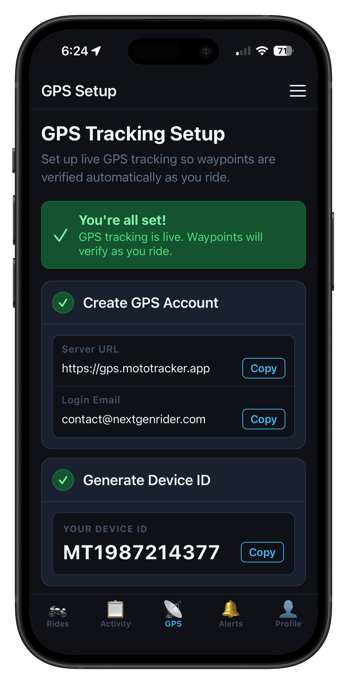 MotoTracker app — rally activated, GPS live