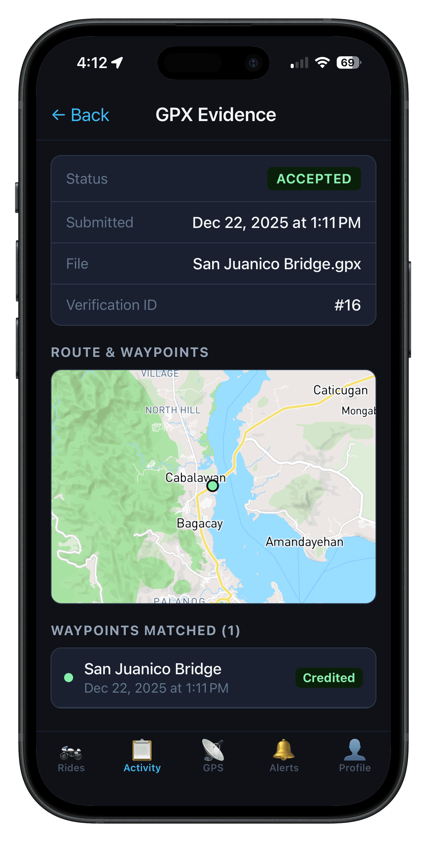 MotoTracker app — GPX results, waypoints credited