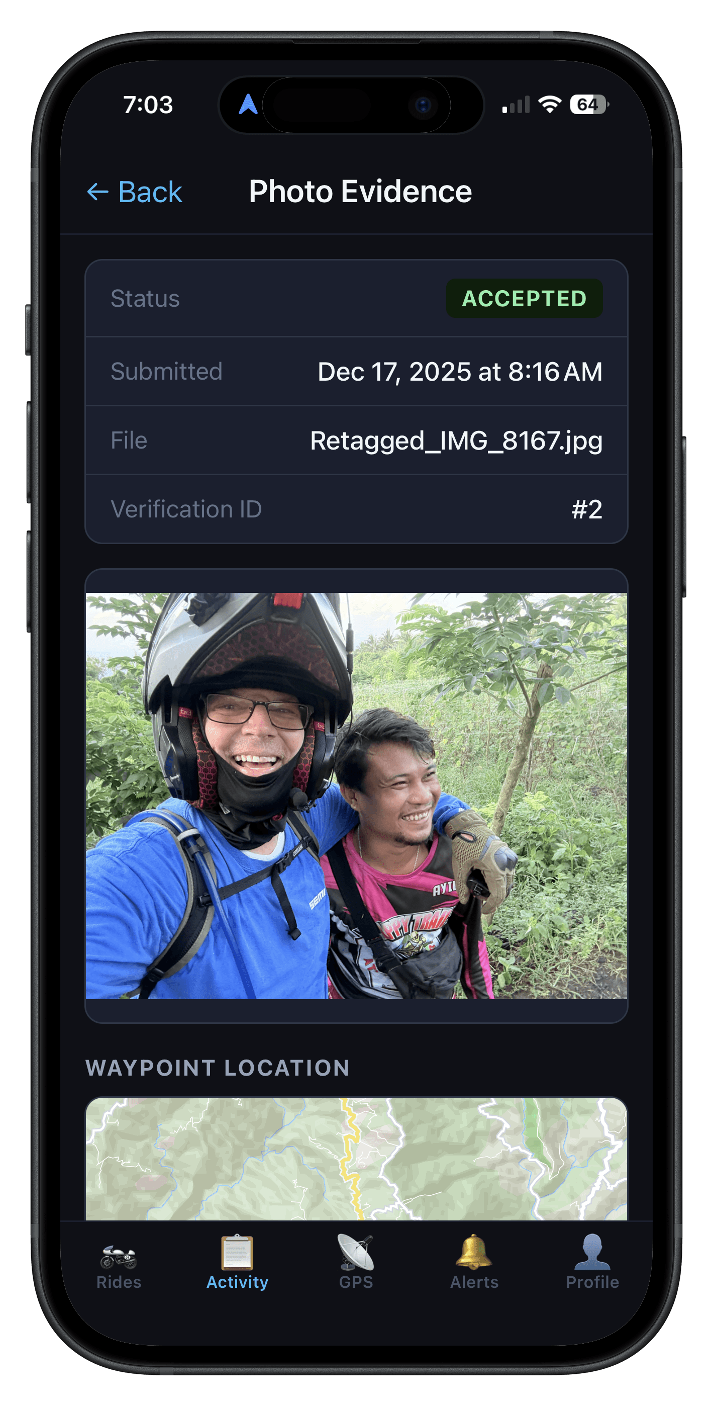 MotoTracker app — photo evidence verified